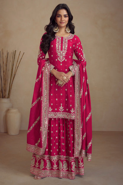 Red Chinon Silk Palazzo Suit For Indian Weddings & Pakitani Festival - Embroidery Work