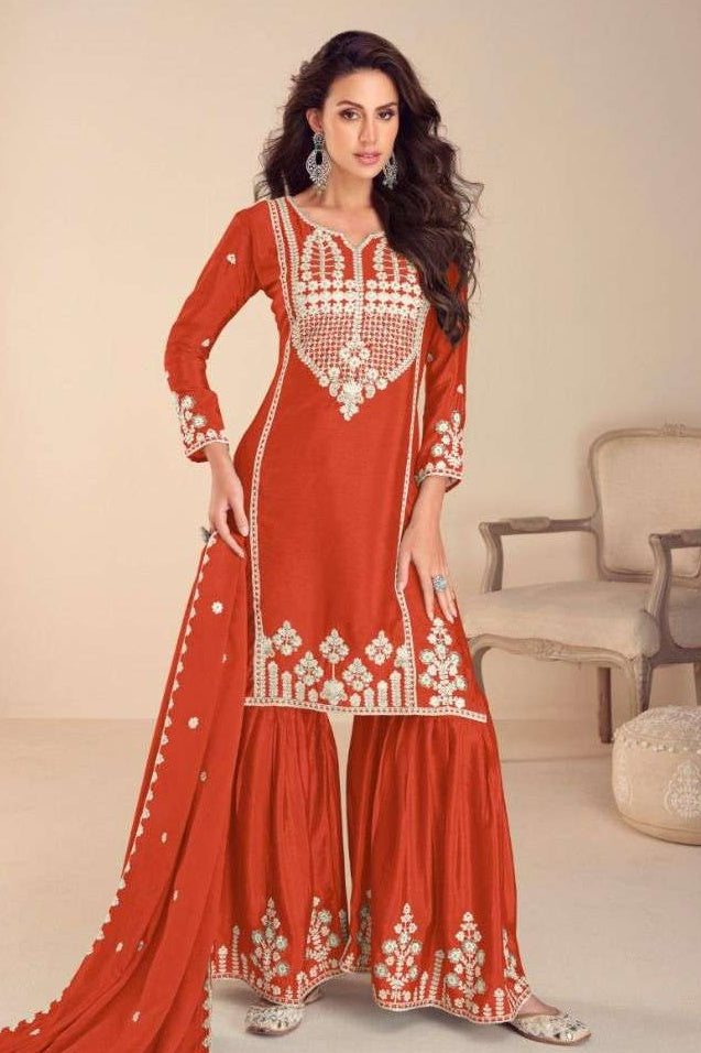 Red Chinon Silk Sharara Suit For Indian & Pakistani Wedding Festival - Embroidery Work, Khatli Work
