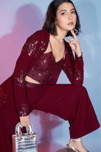 Red Georgette Co-ords Set For Indian Festivals & Weddings - Thread Embroidery Work, Sequence Embroidery Work