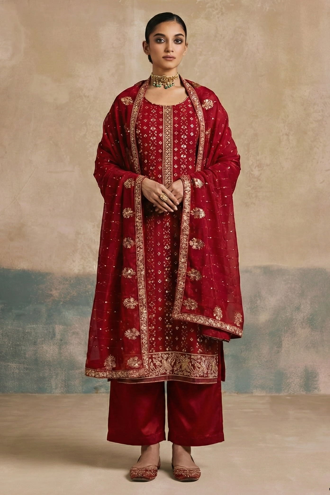 Red Georgette Kameez With Pant For Indian & Pakistani Wedding Festival - Thread & Sequins Embroidery Work, Khatli Work
