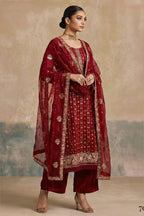 Red Georgette Kameez With Pant For Indian & Pakistani Wedding Festival - Thread & Sequins Embroidery Work, Khatli Work