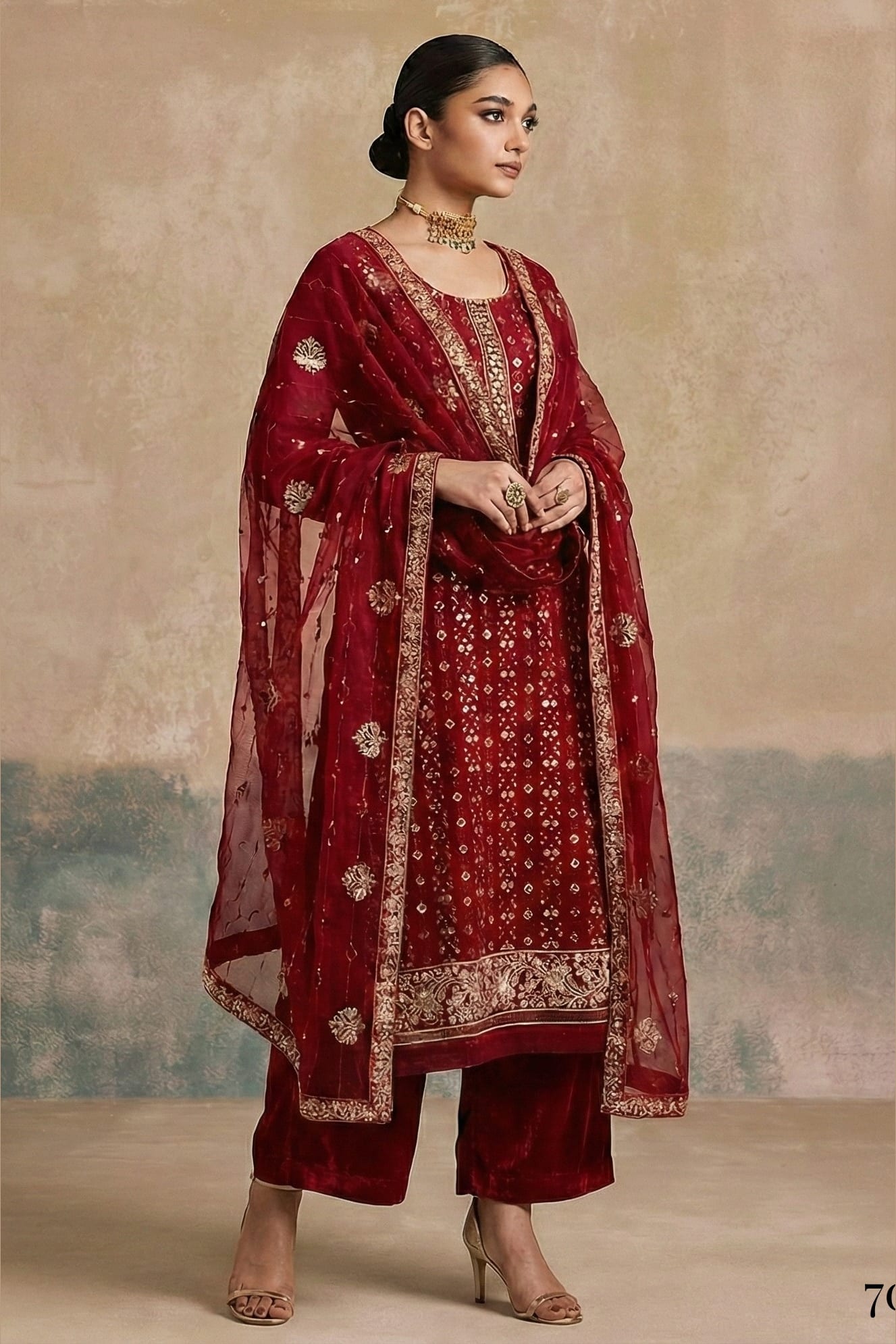 Red Georgette Kameez With Pant For Indian & Pakistani Wedding Festival - Thread & Sequins Embroidery Work, Khatli Work