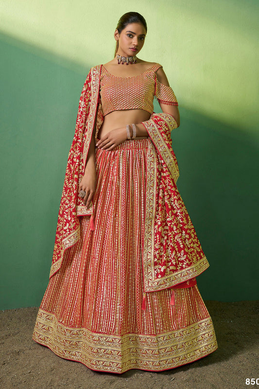 Red Pakistani Georgette Lehenga Choli For Indian Festivals & Weddings - Sequence Embroidery Work, Thread Embroidery Work,