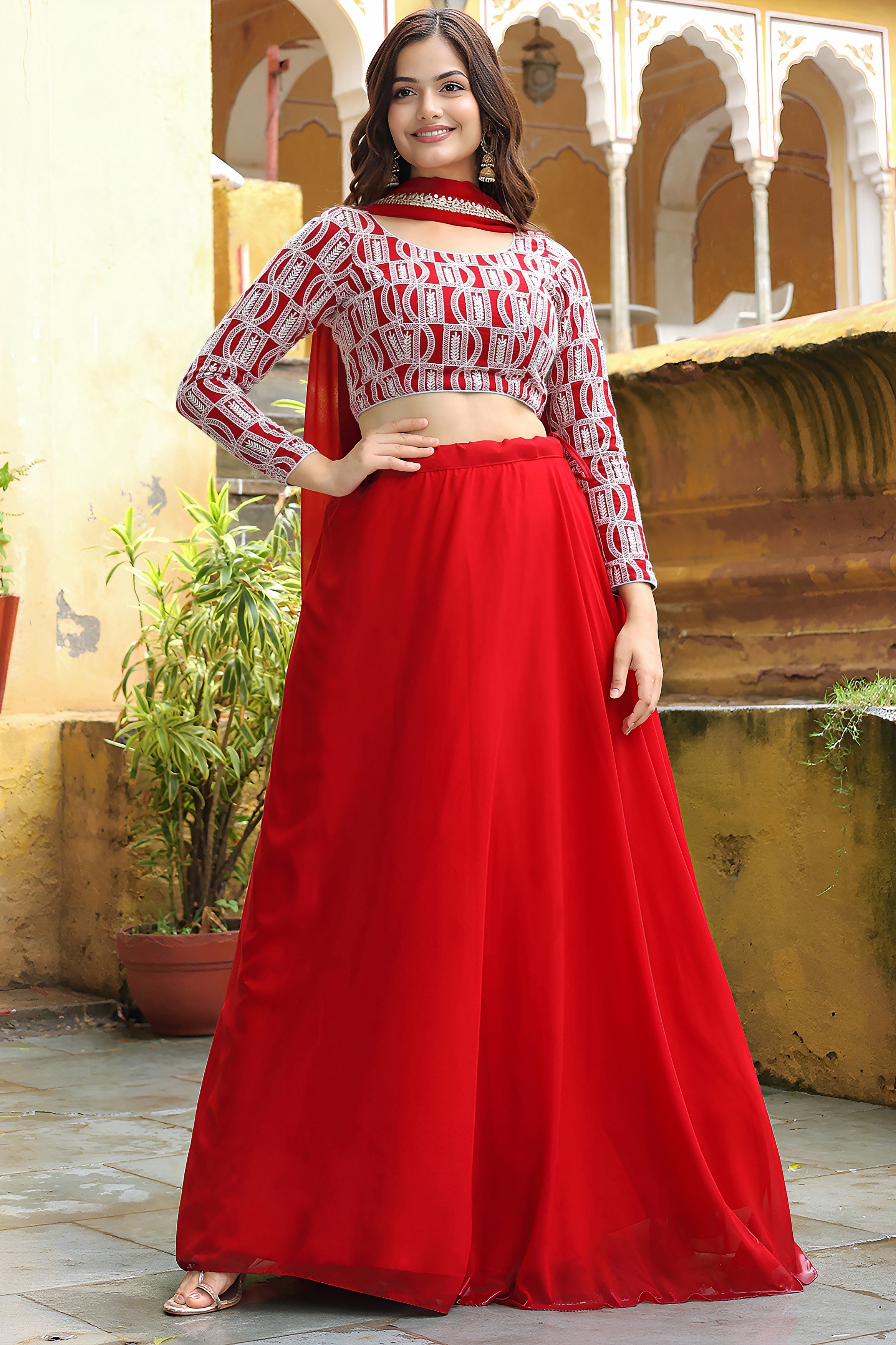 Red Georgette Lehenga Choli For Indian & Pakistani Wedding Festival - Thread & Sequins Embroidery Work