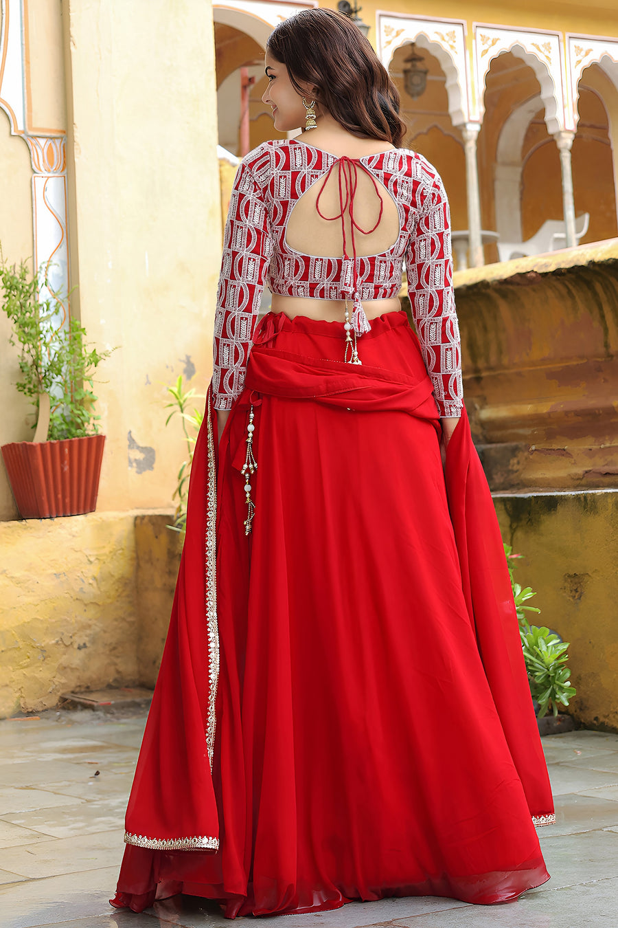 Red Georgette Lehenga Choli For Indian & Pakistani Wedding Festival - Thread & Sequins Embroidery Work