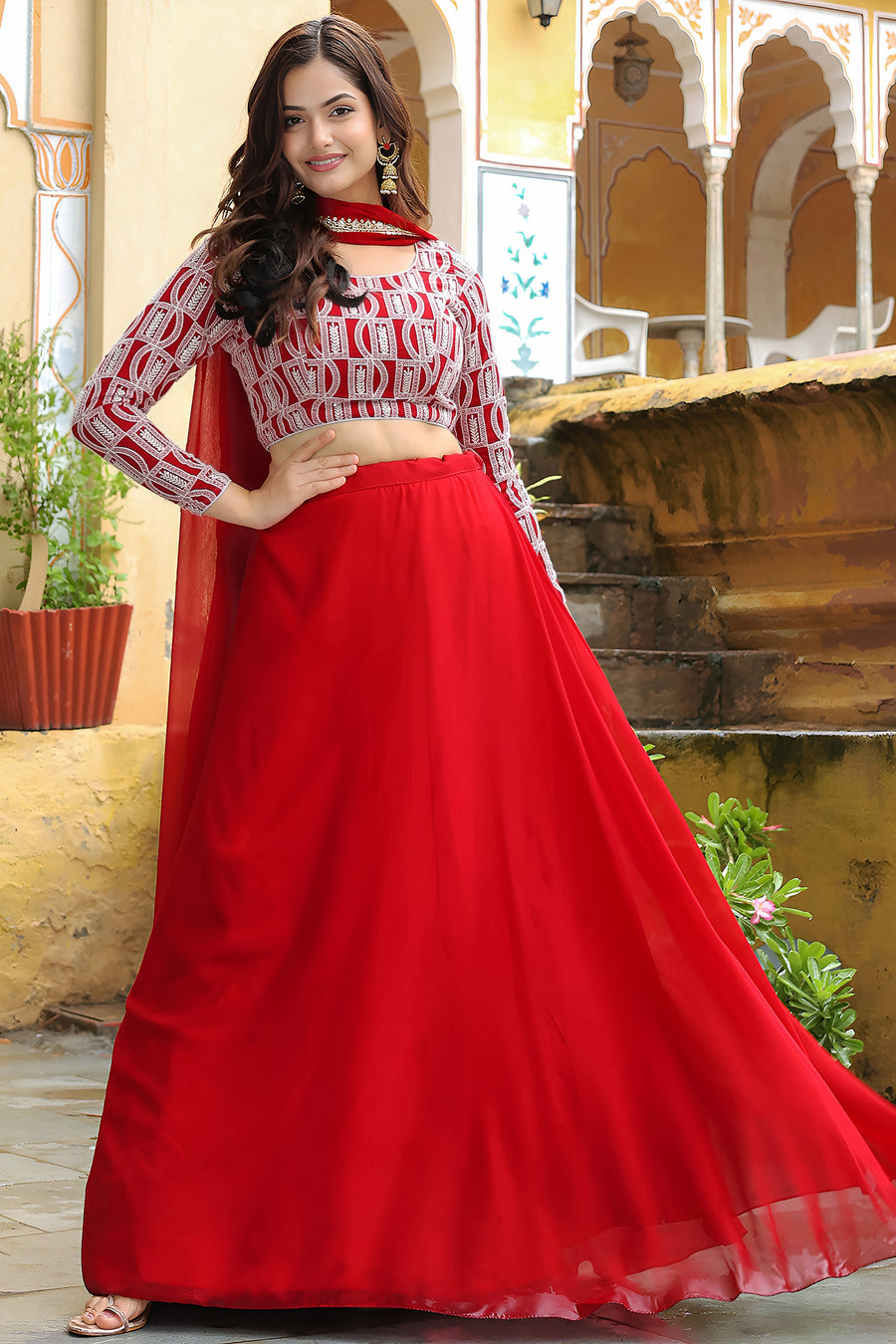 Red Georgette Lehenga Choli For Indian & Pakistani Wedding Festival - Thread & Sequins Embroidery Work