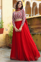 Red Georgette Lehenga Choli For Indian & Pakistani Wedding Festival - Thread & Sequins Embroidery Work