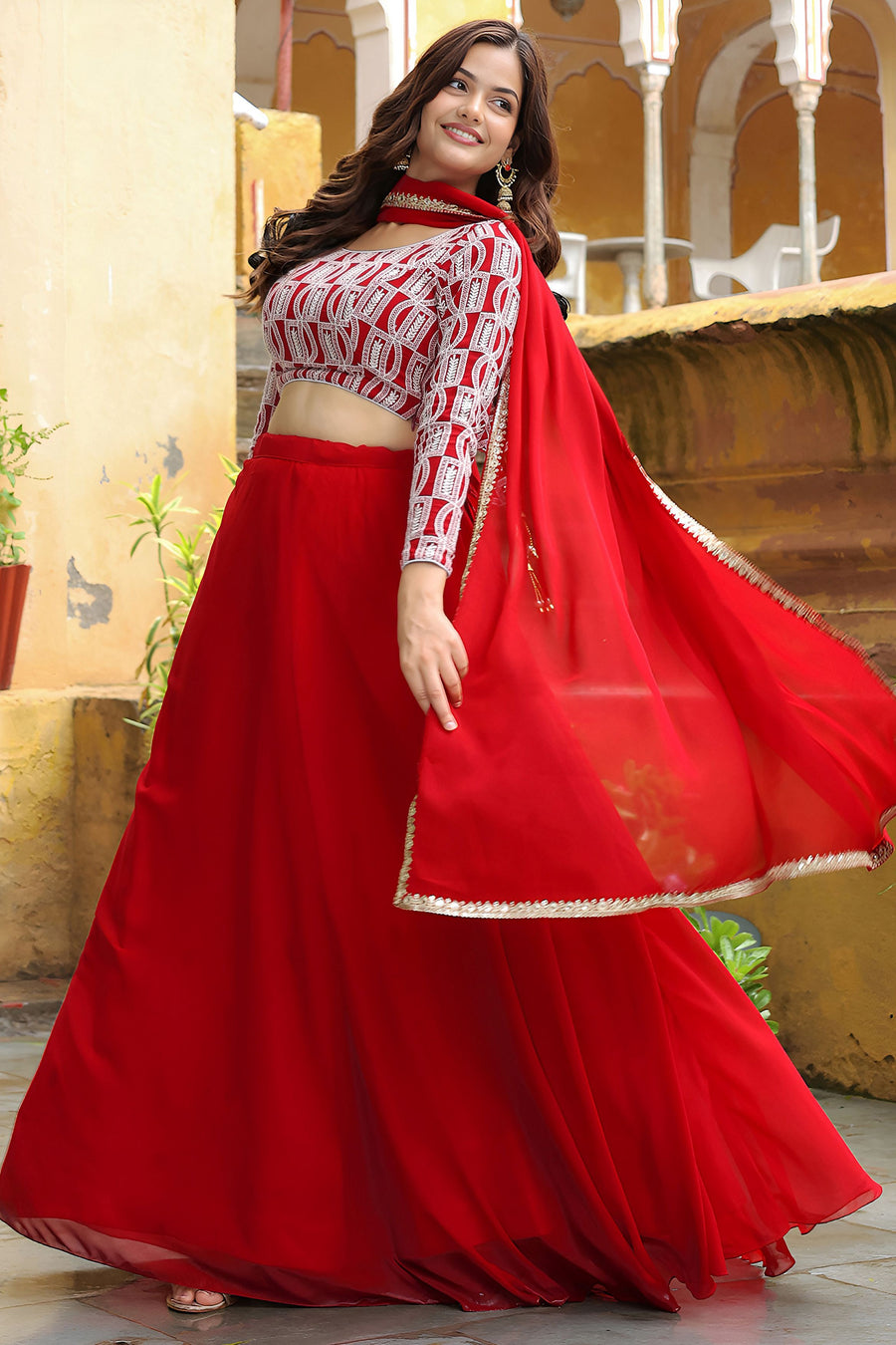 Red Georgette Lehenga Choli For Indian & Pakistani Wedding Festival - Thread & Sequins Embroidery Work