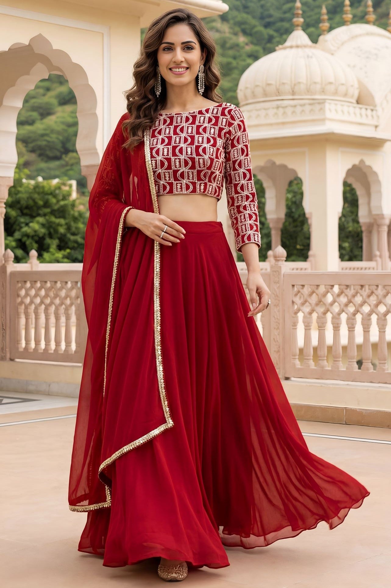 Red Georgette Long Sleeve Lehenga with Sequins and Zari Work