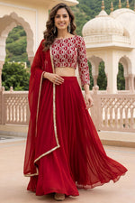 Red Georgette Long Sleeve Lehenga with High Neck Blouse in Sequins & Zari