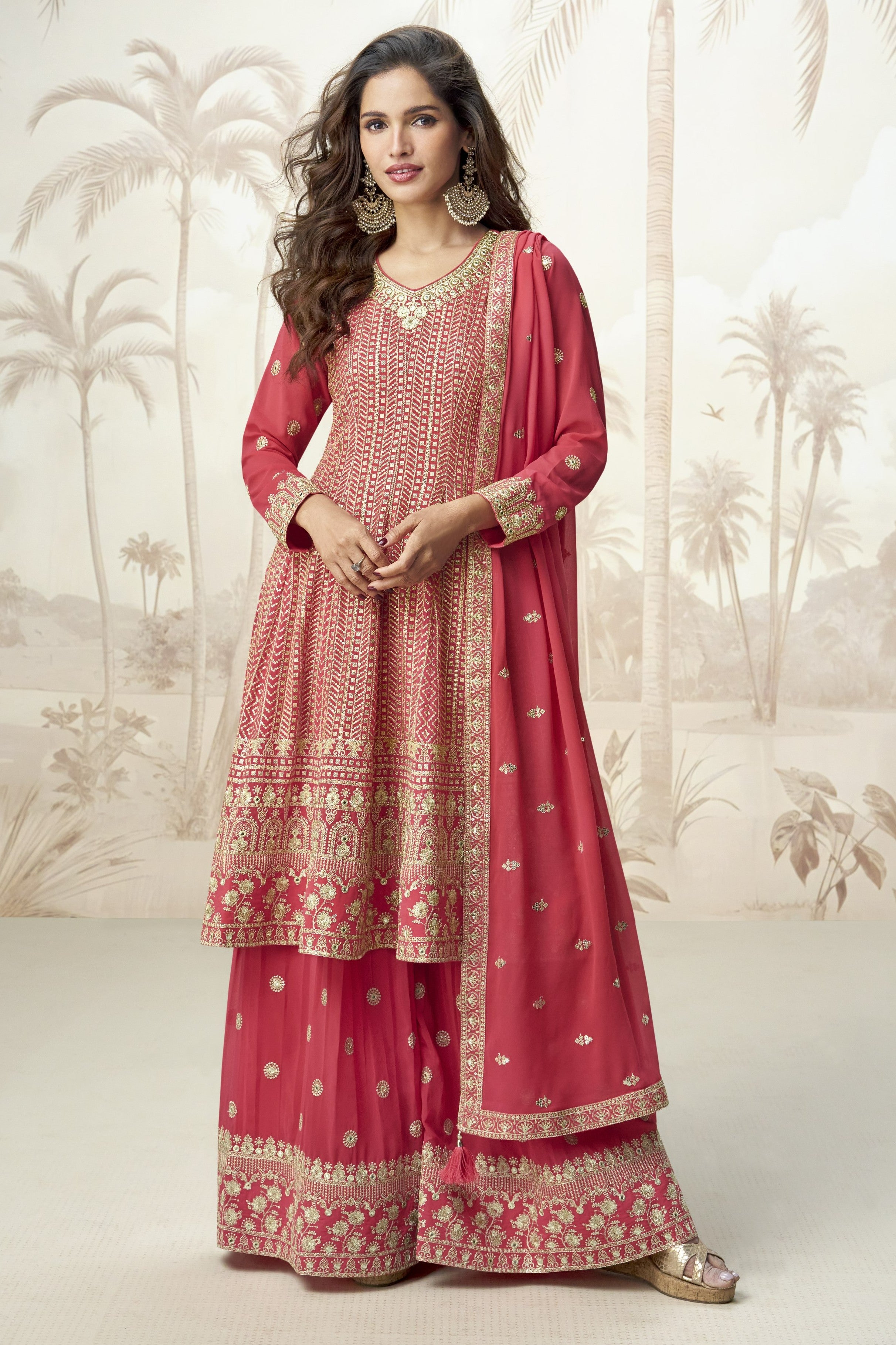 Red Georgette Palazzo Suit For Indian & Pakistani Wedding Festival - Embroidery Work