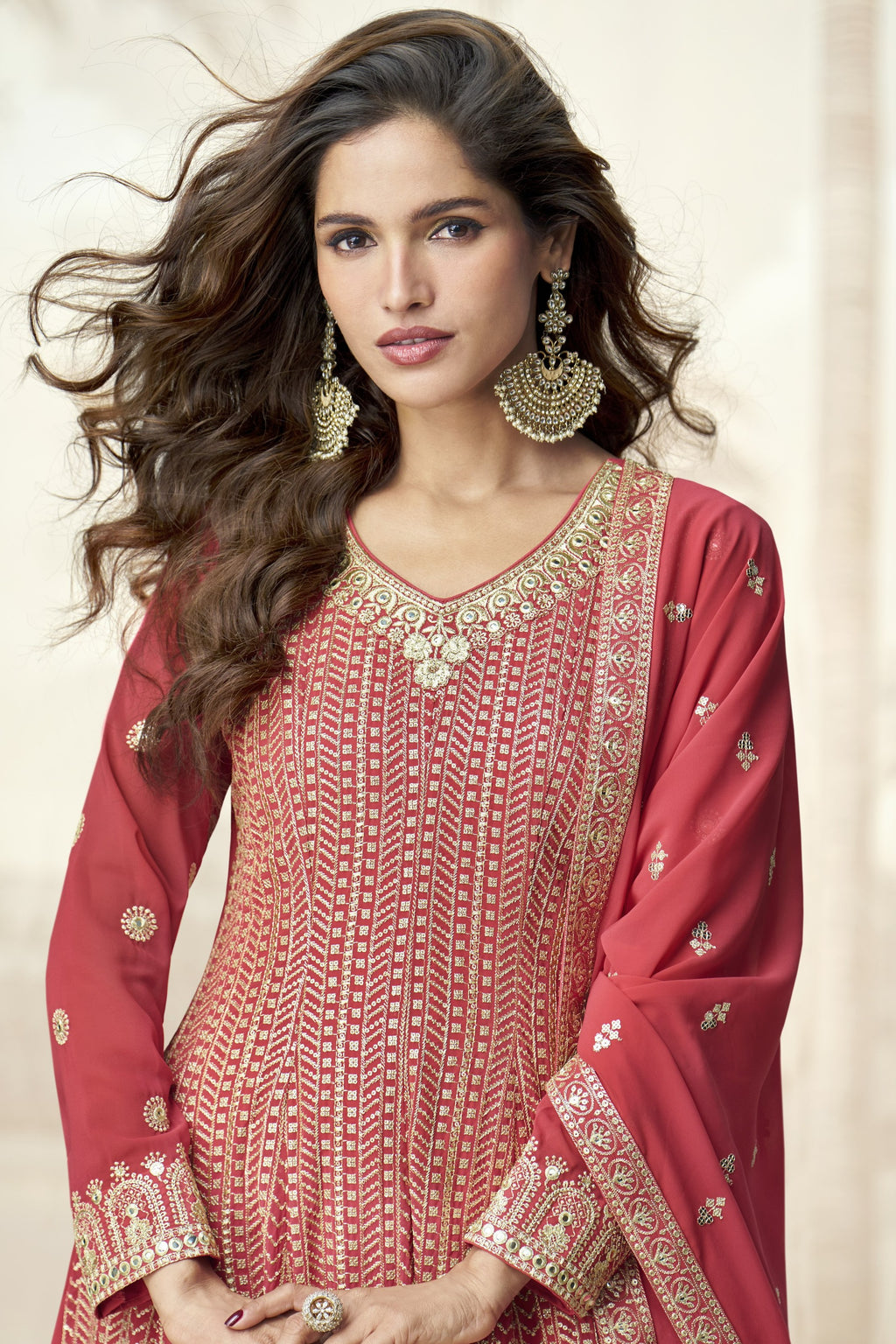 Red Georgette Palazzo Suit For Indian & Pakistani Wedding Festival - Embroidery Work