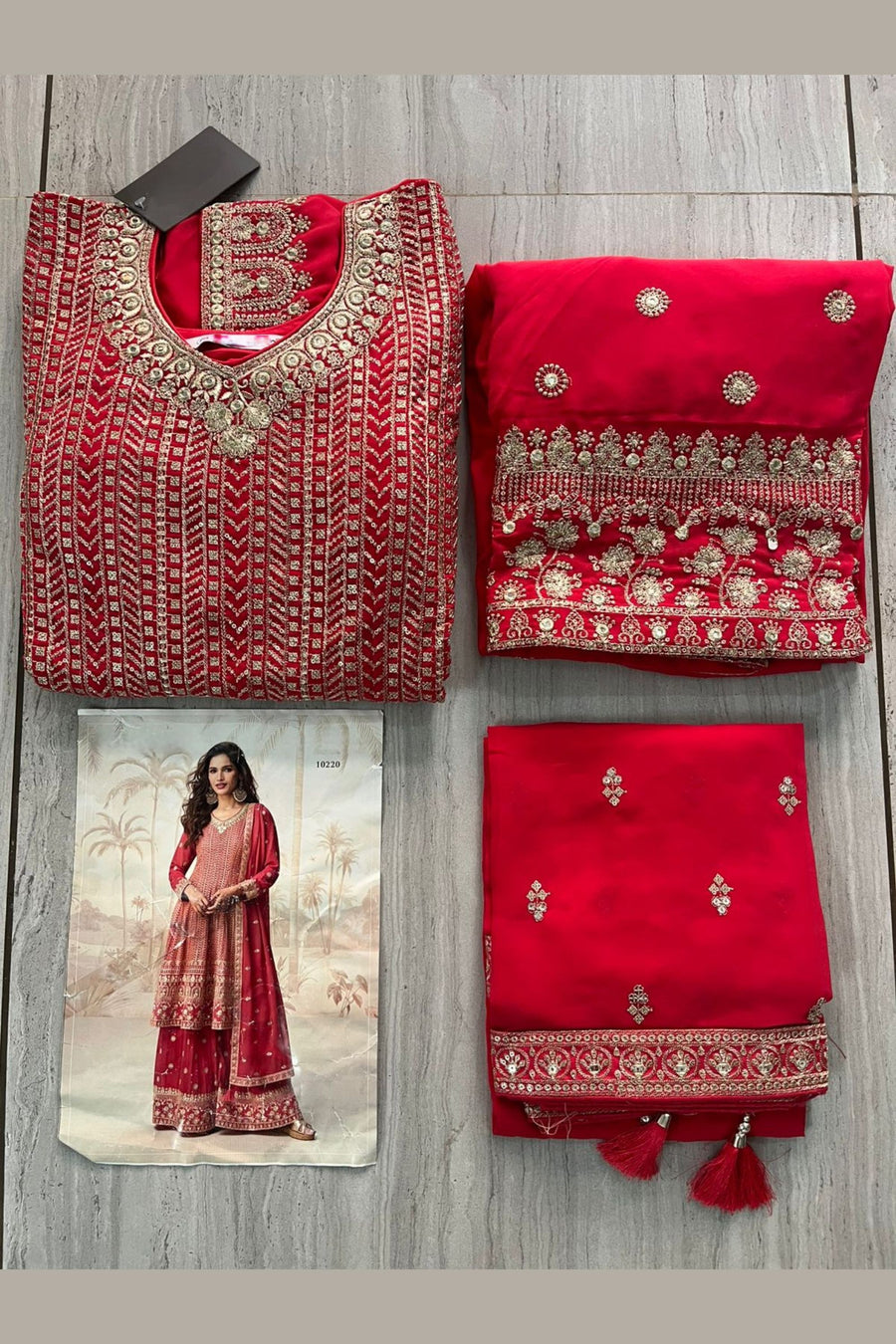 Red Georgette Palazzo Suit For Indian & Pakistani Wedding Festival - Embroidery Work