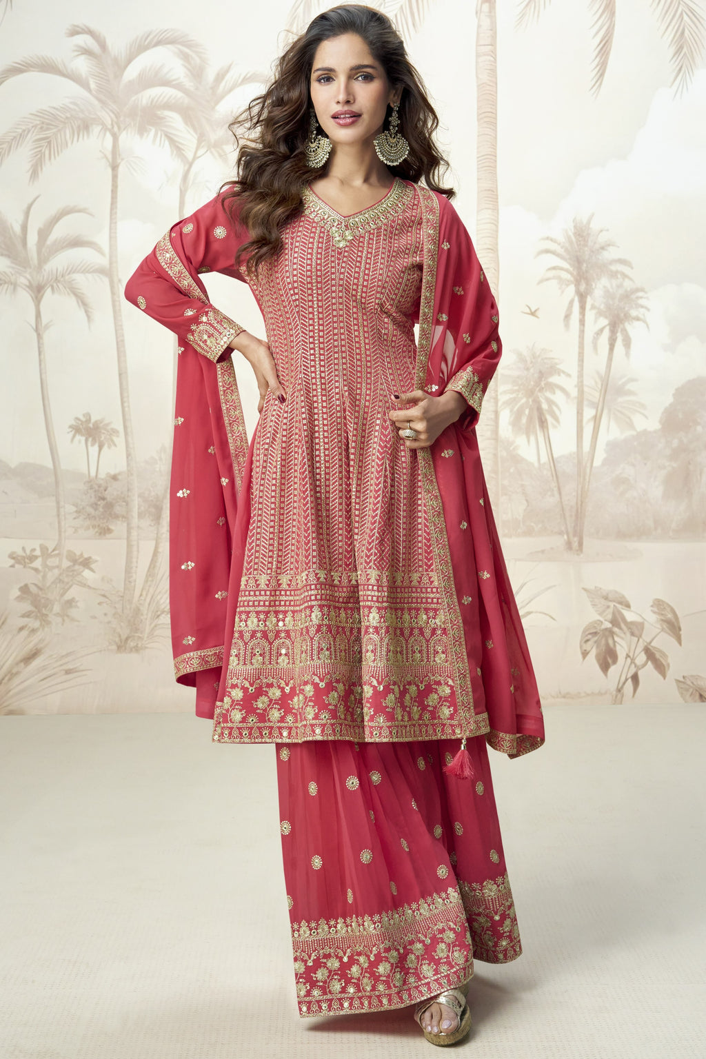 Red Georgette Palazzo Suit For Indian & Pakistani Wedding Festival - Embroidery Work