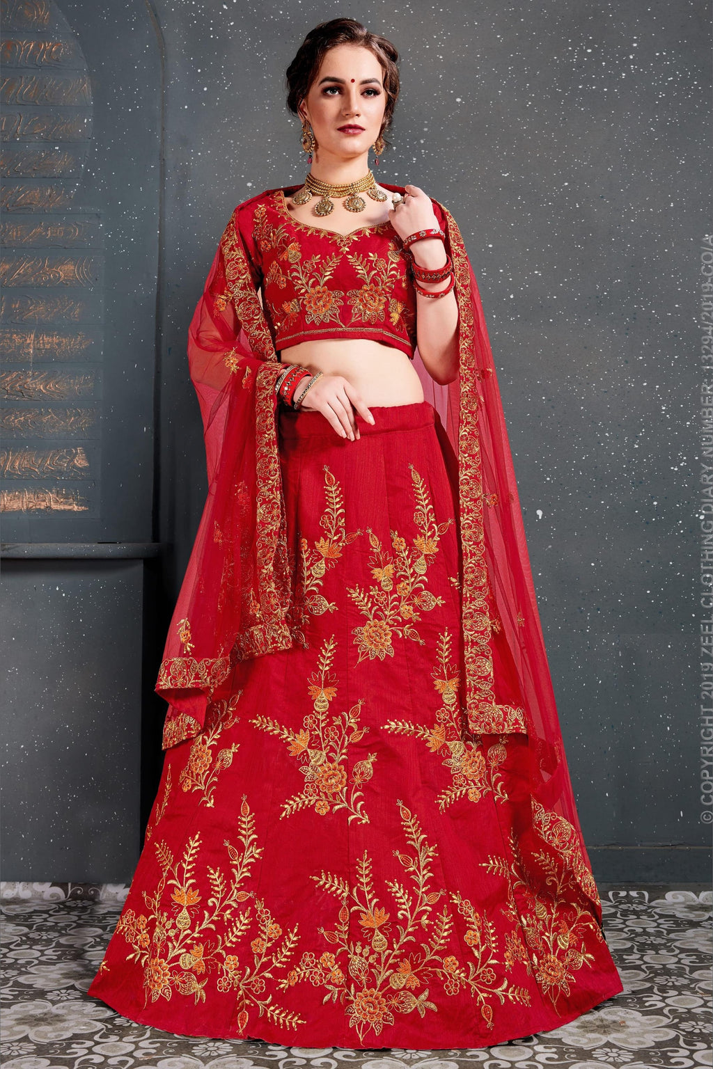 Red Velvet Lehenga Choli For Indian & Pakistani Wedding Festival - Dori Work, Zari Work, Sequence Embroidery Work