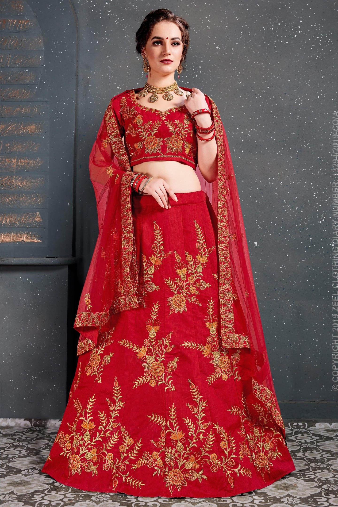 Red Velvet Lehenga Choli For Indian & Pakistani Wedding Festival - Dori Work, Zari Work, Sequence Embroidery Work