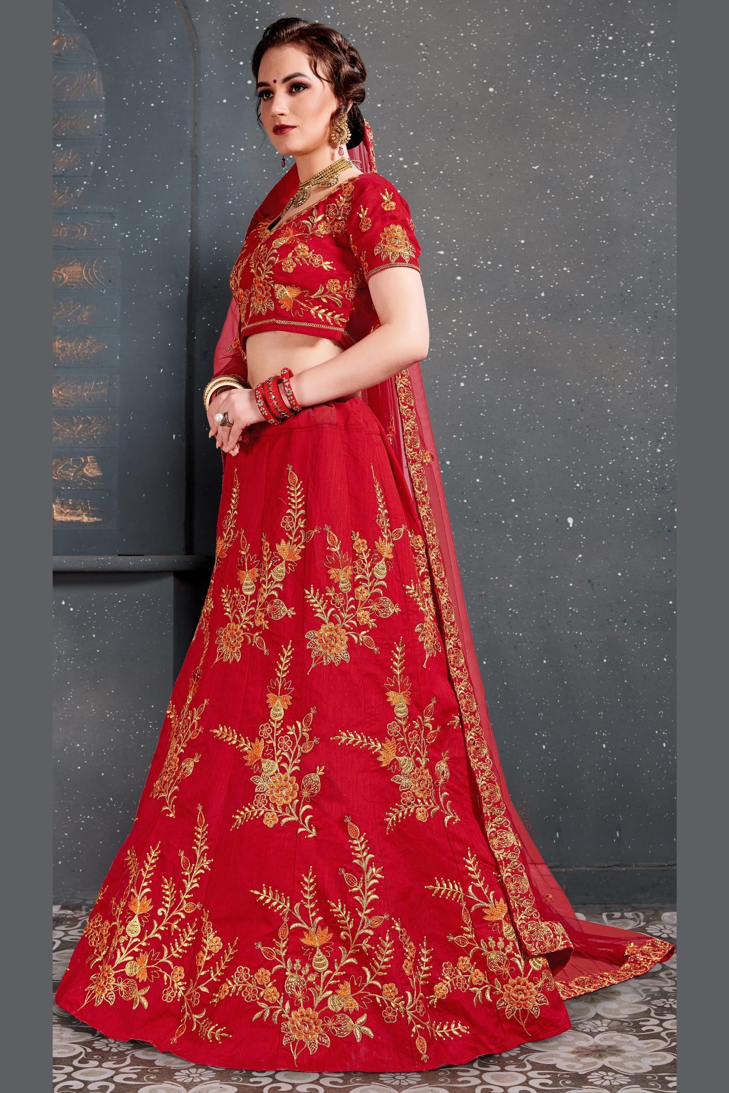 Red Velvet Lehenga Choli For Indian & Pakistani Wedding Festival - Dori Work, Zari Work, Sequence Embroidery Work