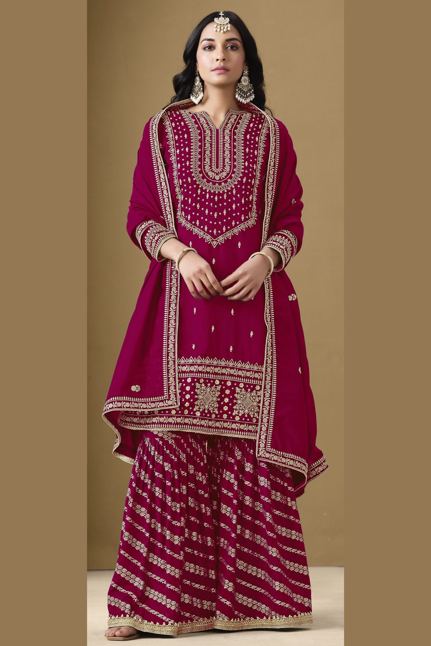 Red Maroon Art Silk Sharara Suit For Women Indian Festivals & Weddings - Embroidery Work