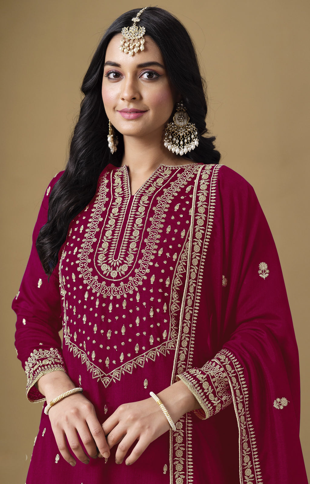 Red Maroon Art Silk Sharara Suit For Women Indian Festivals & Weddings - Embroidery Work