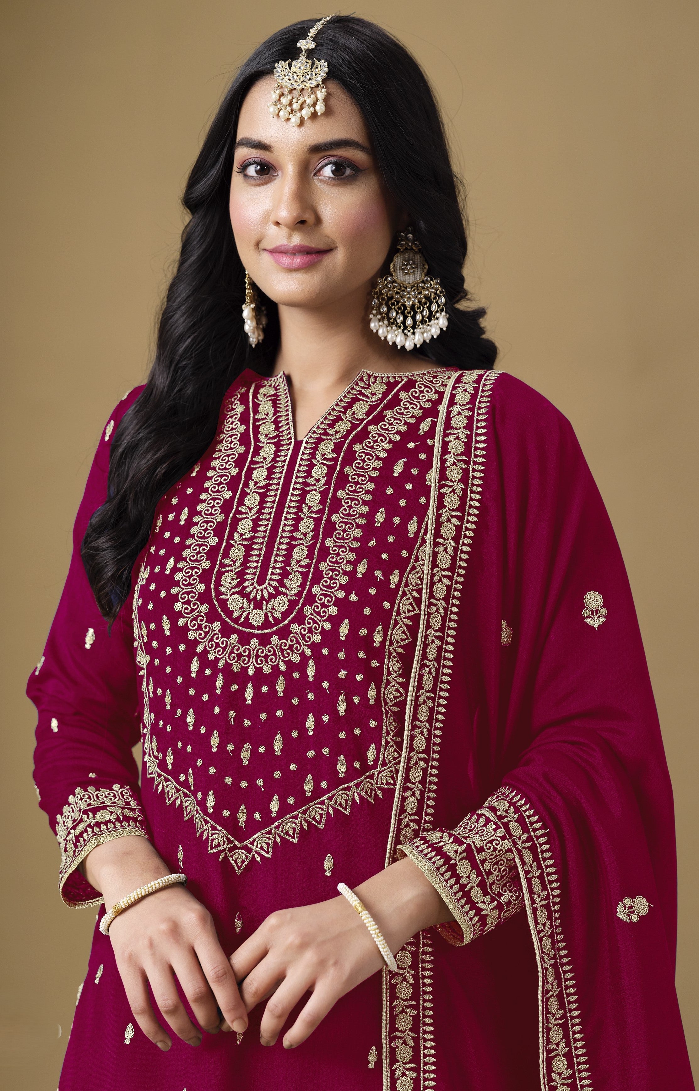 Red Maroon Art Silk Sharara Suit For Women Indian Festivals & Weddings - Embroidery Work