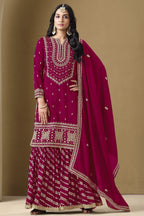 Red Maroon Art Silk Sharara Suit For Women Indian Festivals & Weddings - Embroidery Work