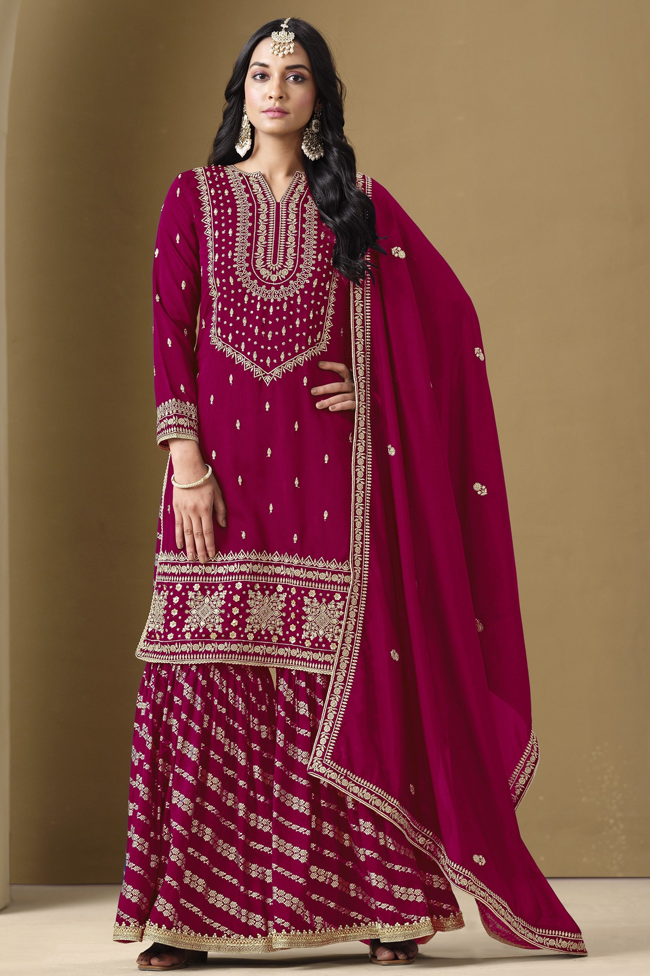 Red Maroon Art Silk Sharara Suit For Women Indian Festivals & Weddings - Embroidery Work