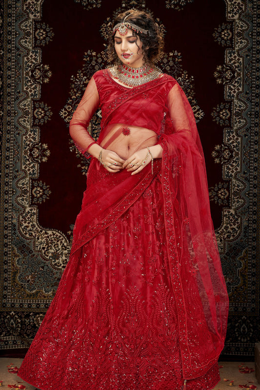 Red Pakistani Net Lehenga Choli For Indian Festivals & Weddings - Sequence Embroidery Work, Thread Embroidery Work,
