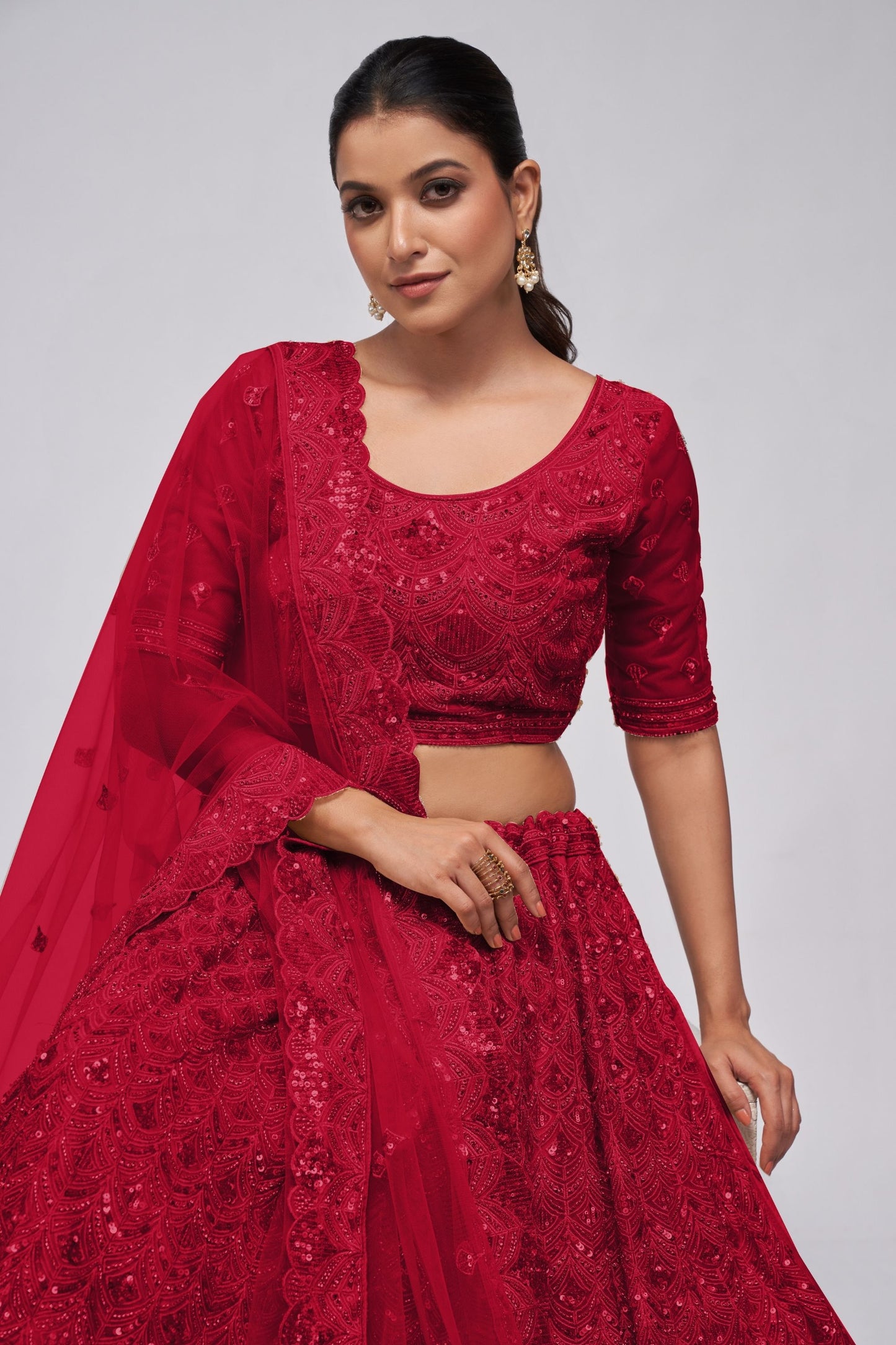 Red Soft Net Lehenga Choli For Indian Festivals & Weddings - Sequins Work, Bead Work, Zarkan Work