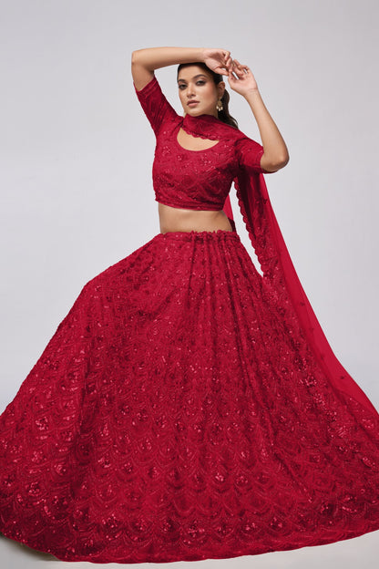 Red Soft Net Lehenga Choli For Indian Festivals & Weddings - Sequins Work, Bead Work, Zarkan Work