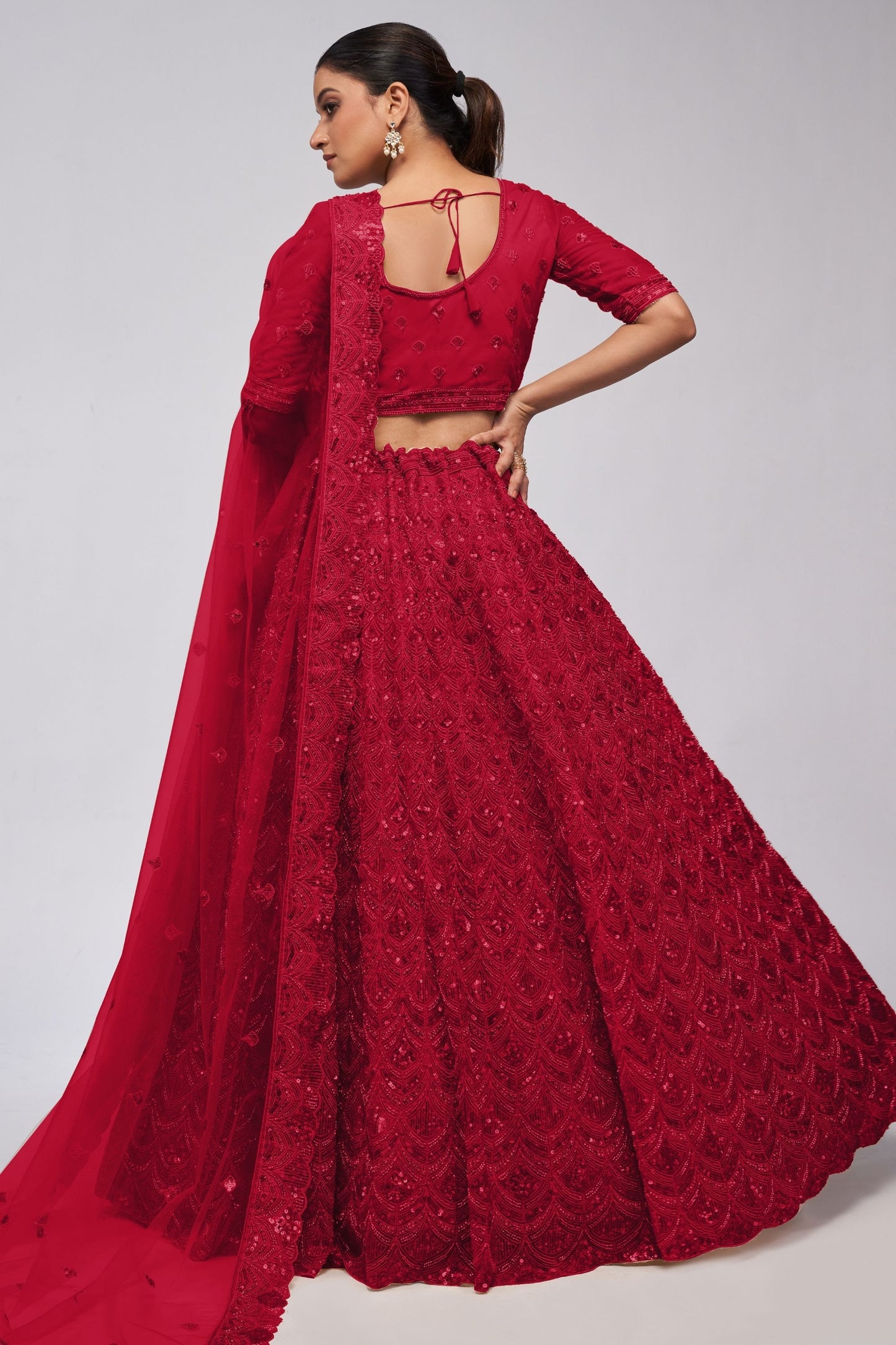 Red Soft Net Lehenga Choli For Indian Festivals & Weddings - Sequins Work, Bead Work, Zarkan Work