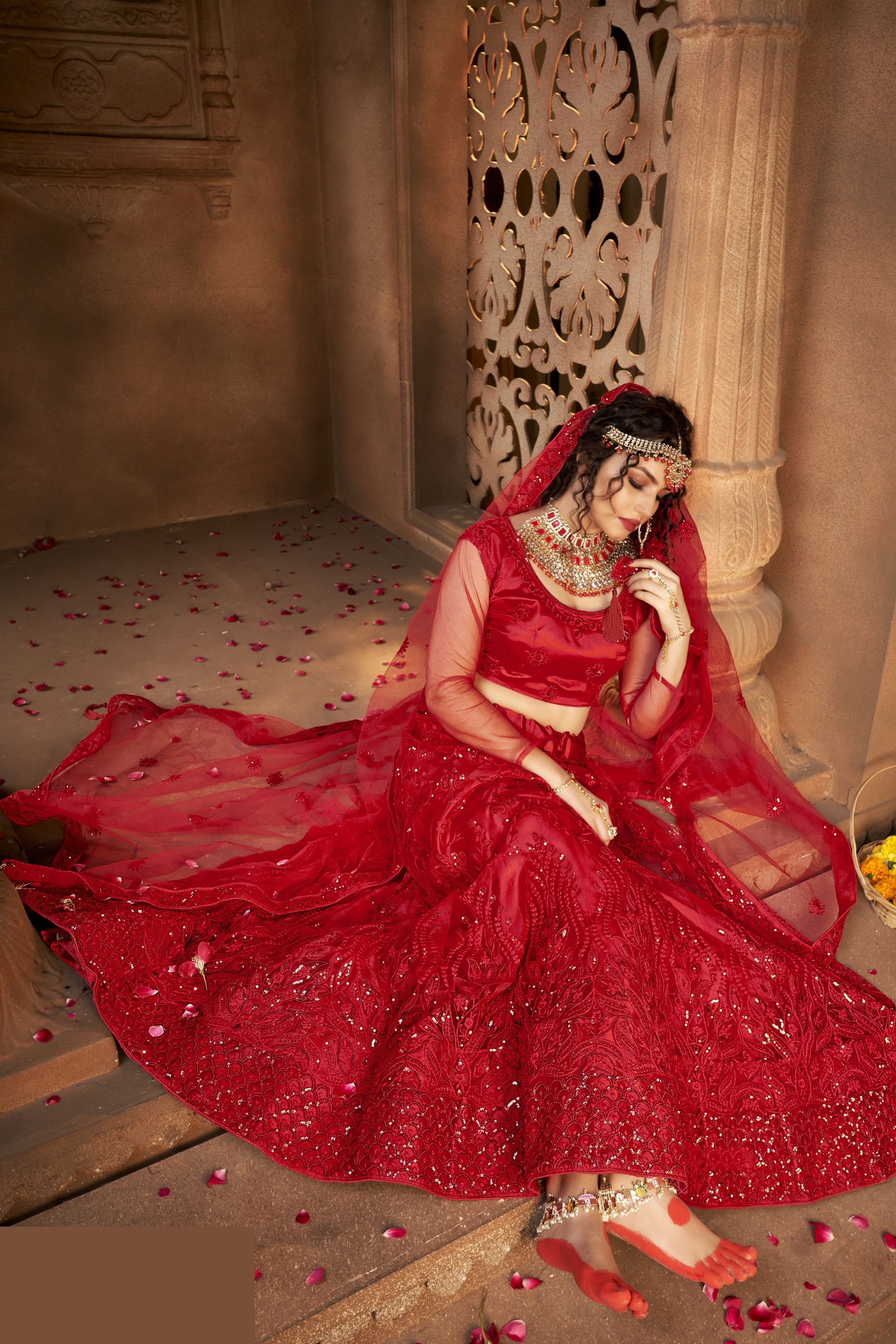 Red Pakistani Net Lehenga Choli For Indian Festivals & Weddings - Sequence Embroidery Work, Thread Embroidery Work,