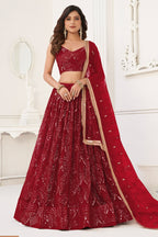 Red Net Lehenga Choli For Indian & Pakistani Wedding Festival - Thread Embroidery Work, Sequence Embroidery Work, Real Mirror Work