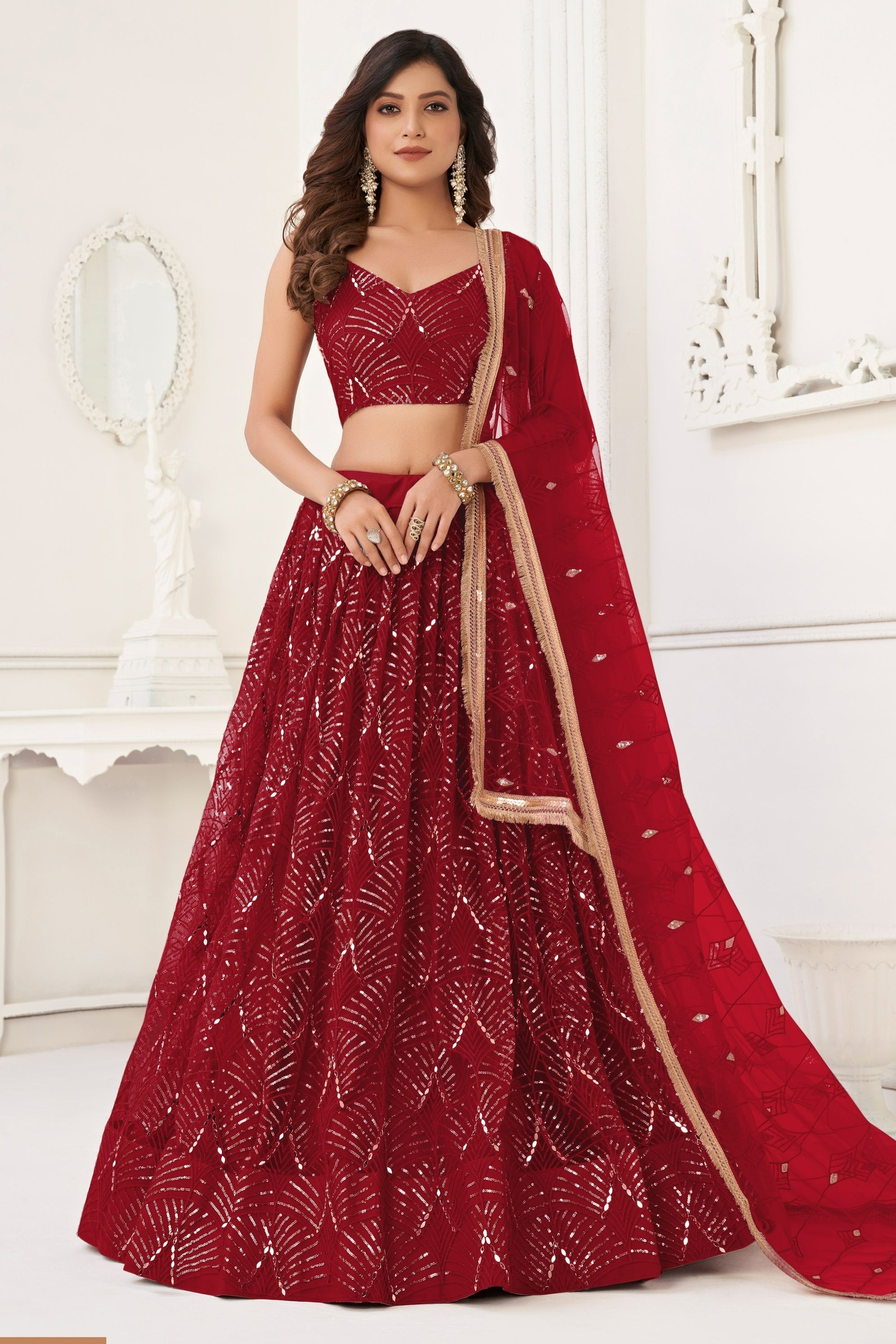 Red Net Lehenga Choli For Indian & Pakistani Wedding Festival - Thread Embroidery Work, Sequence Embroidery Work, Real Mirror Work