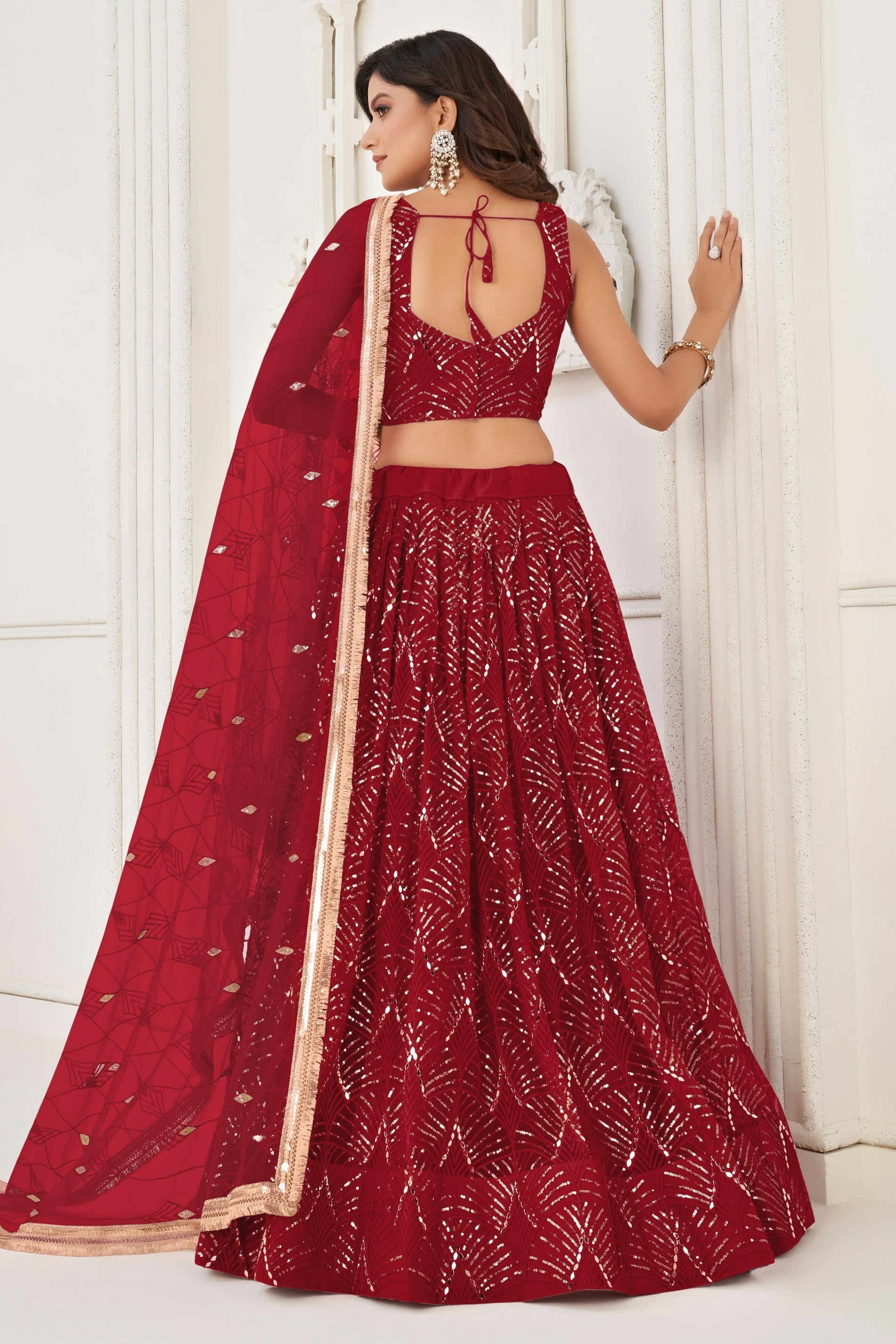 Red Net Lehenga Choli For Indian & Pakistani Wedding Festival - Thread Embroidery Work, Sequence Embroidery Work, Real Mirror Work