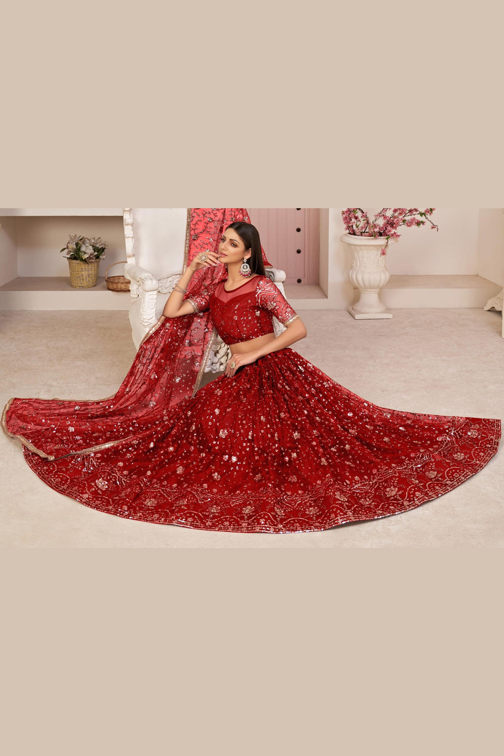 Red Net Lehenga Choli For Indian & Pakistani Wedding Festival - Zari Work, Sequins & Thread Embroidery Work