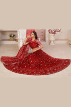 Red Net Lehenga Choli For Indian & Pakistani Wedding Festival - Zari Work, Sequins & Thread Embroidery Work