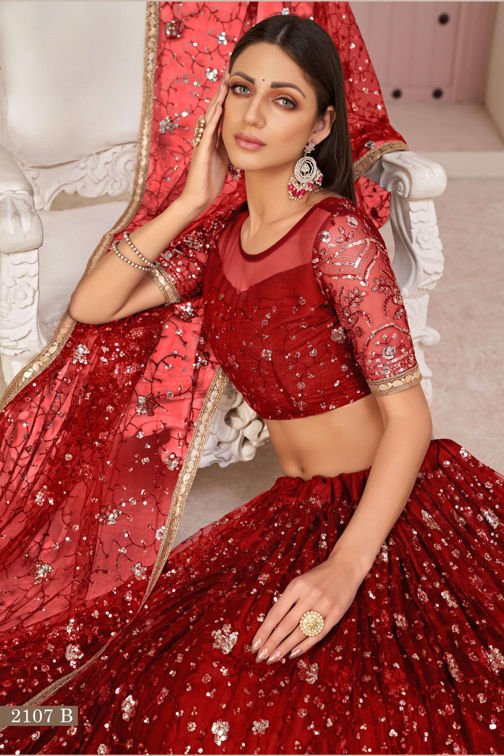 Red Net Lehenga Choli For Indian & Pakistani Wedding Festival - Zari Work, Sequins & Thread Embroidery Work