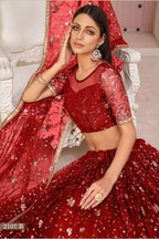 Red Net Lehenga Choli For Indian & Pakistani Wedding Festival - Zari Work, Sequins & Thread Embroidery Work
