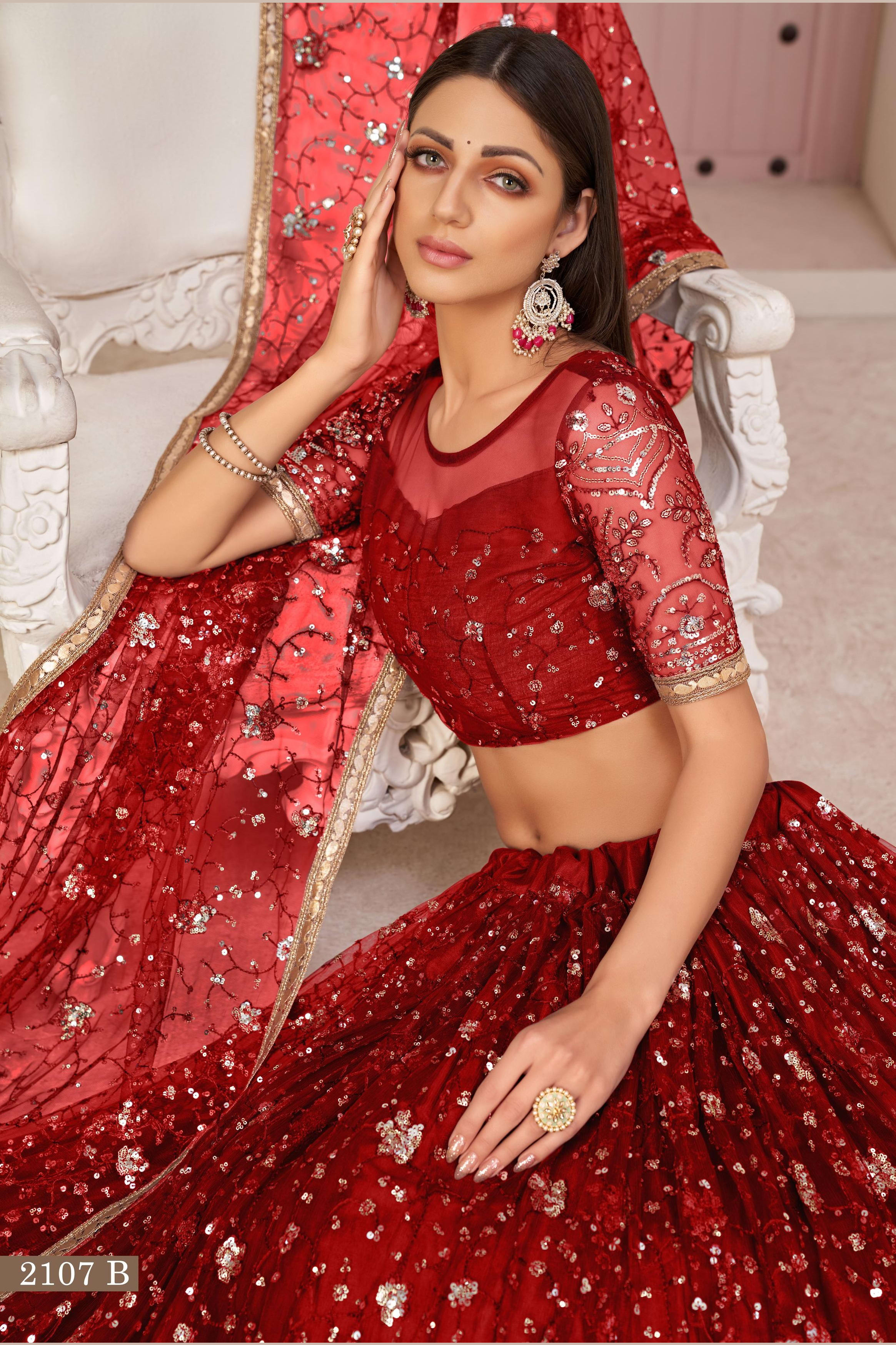 Red Net Lehenga Choli For Indian & Pakistani Wedding Festival - Zari Work, Sequins & Thread Embroidery Work