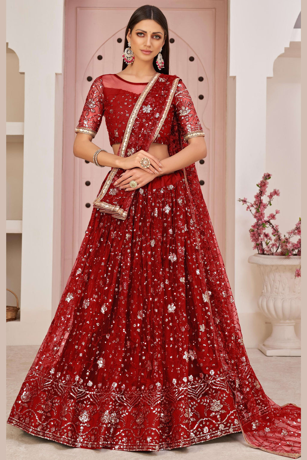 Red Net Lehenga Choli For Indian & Pakistani Wedding Festival - Zari Work, Sequins & Thread Embroidery Work