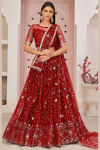 Red Net Lehenga Choli For Indian & Pakistani Wedding Festival - Zari Work, Sequins & Thread Embroidery Work