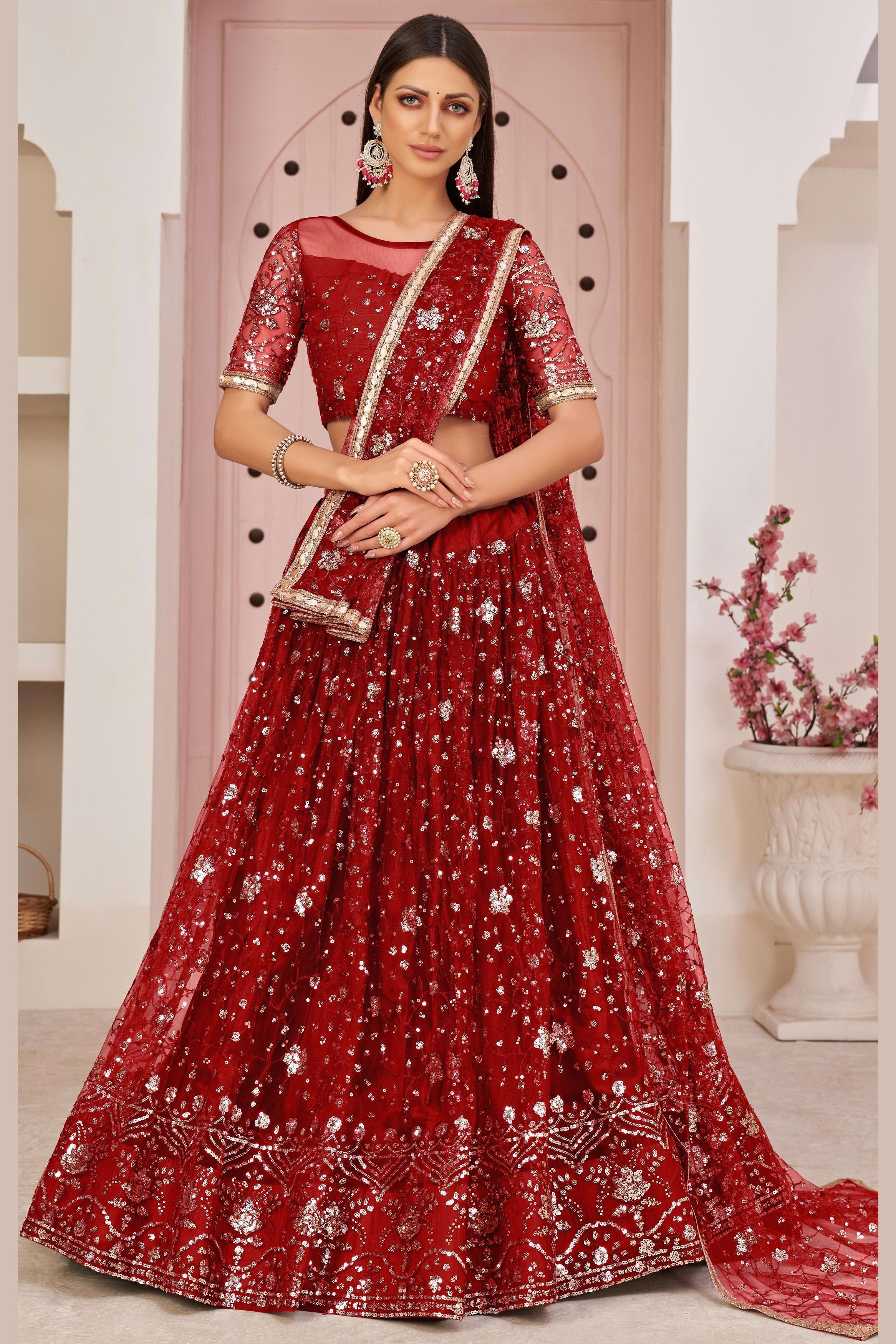 Red Net Lehenga Choli For Indian & Pakistani Wedding Festival - Zari Work, Sequins & Thread Embroidery Work