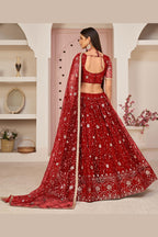 Red Net Lehenga Choli For Indian & Pakistani Wedding Festival - Zari Work, Sequins & Thread Embroidery Work