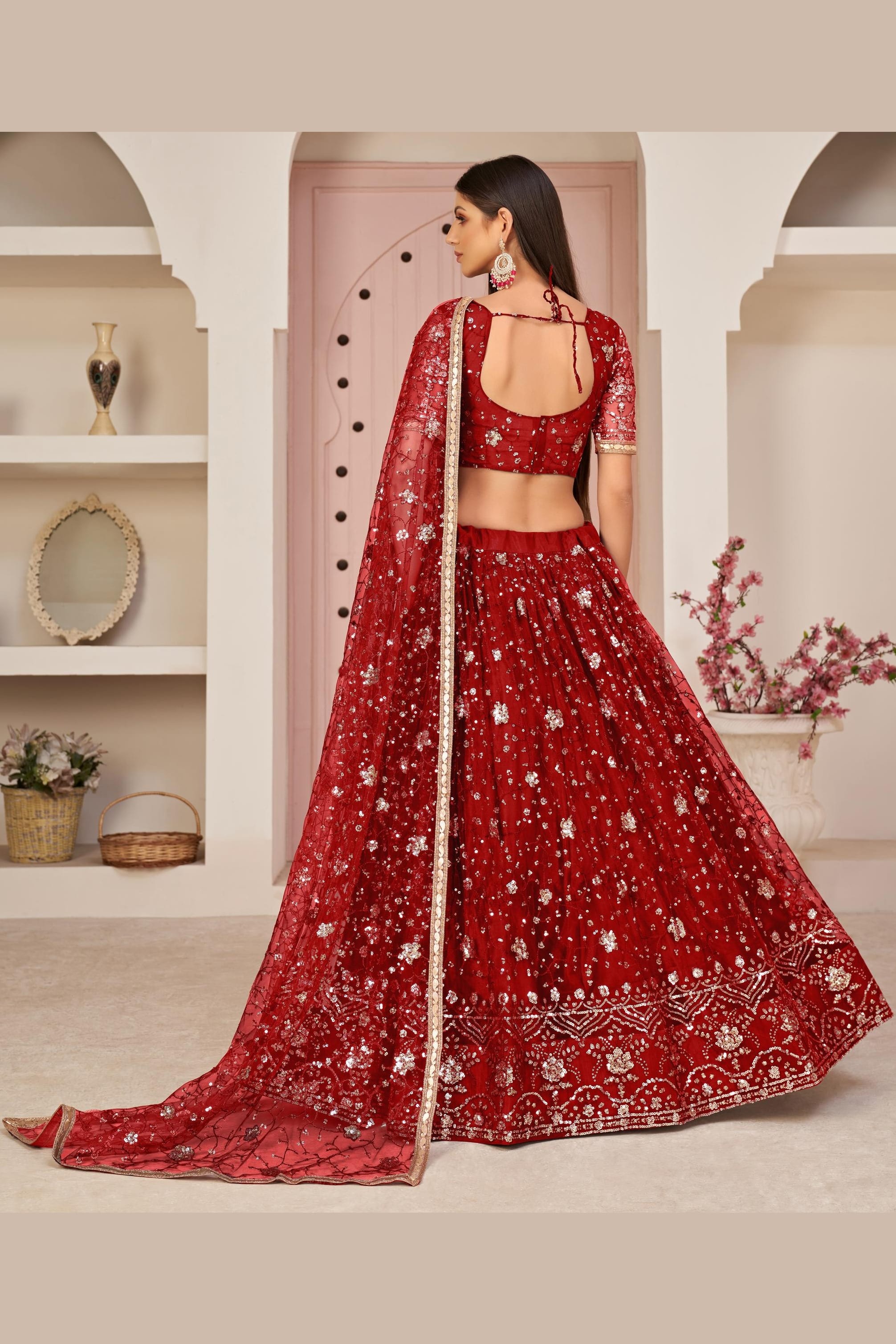 Red Net Lehenga Choli For Indian & Pakistani Wedding Festival - Zari Work, Sequins & Thread Embroidery Work