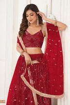 Red Net Lehenga Choli For Indian & Pakistani Wedding Festival - Thread Embroidery Work, Sequence Embroidery Work, Real Mirror Work