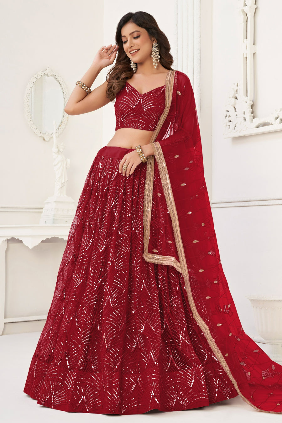 Red Net Lehenga Choli For Indian & Pakistani Wedding Festival - Thread Embroidery Work, Sequence Embroidery Work, Real Mirror Work