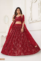Red Net Lehenga Choli For Indian & Pakistani Wedding Festival - Thread Embroidery Work, Sequence Embroidery Work, Real Mirror Work