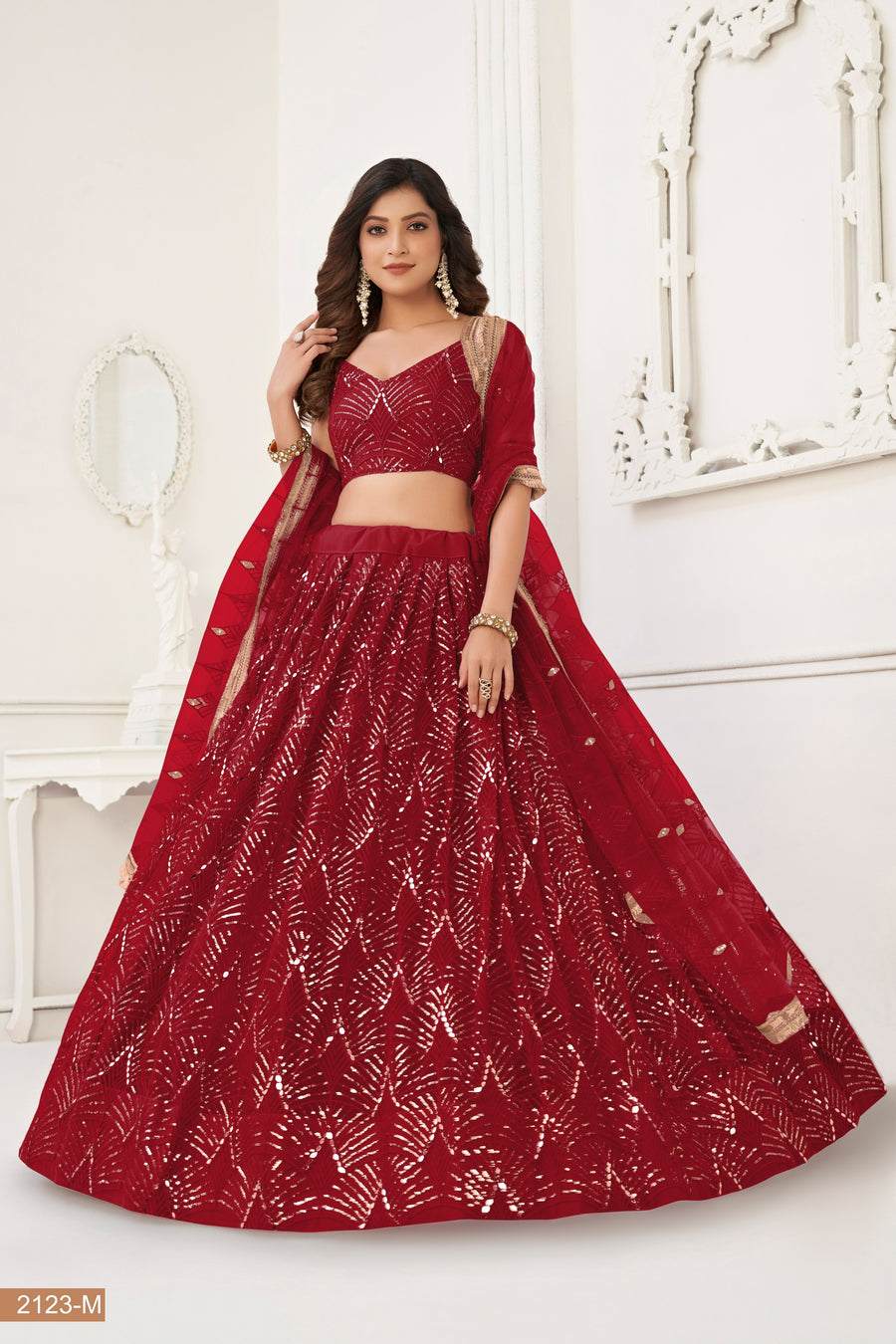 Red Net Lehenga Choli For Indian & Pakistani Wedding Festival - Thread Embroidery Work, Sequence Embroidery Work, Real Mirror Work