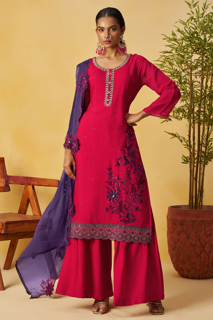 Red Organza Sharara Suit For Indian & Pakistani Wedding Festival - Thread Embroidery Work