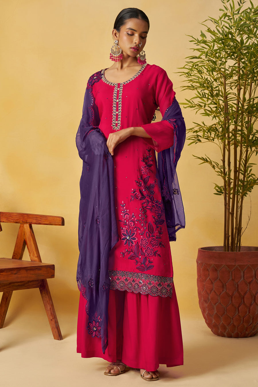 Red Organza Sharara Suit For Indian & Pakistani Wedding Festival - Thread Embroidery Work